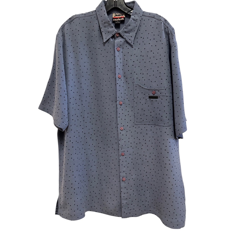 Jamie Sadock Men Blue 100% Silk Short Sleeve Button Up Shirt Polka Dot Grid M